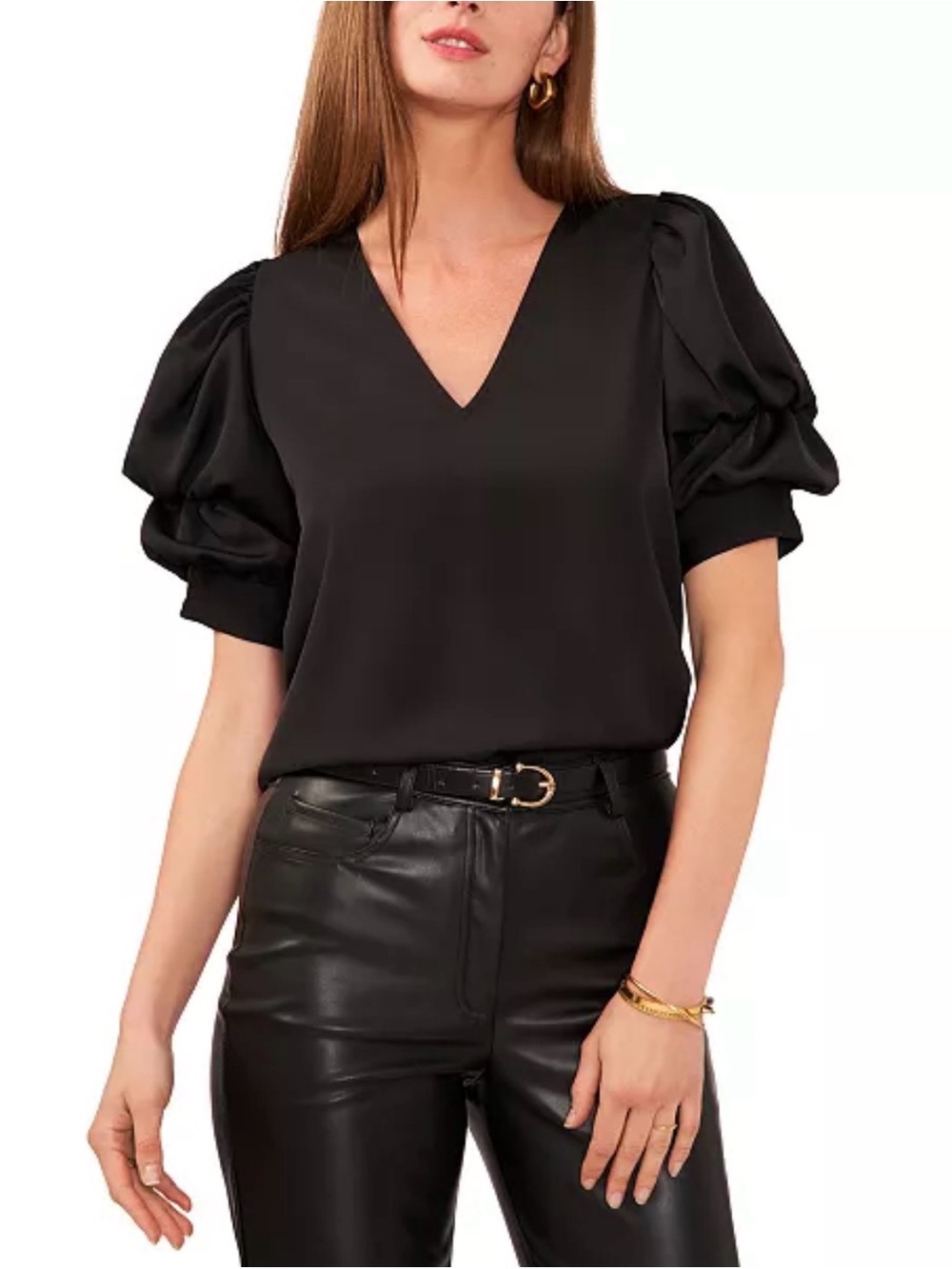 1.STATE $69 Tiered Bubble-Sleeve V-Neck Blouse L - NWT - Picture 1 of 1